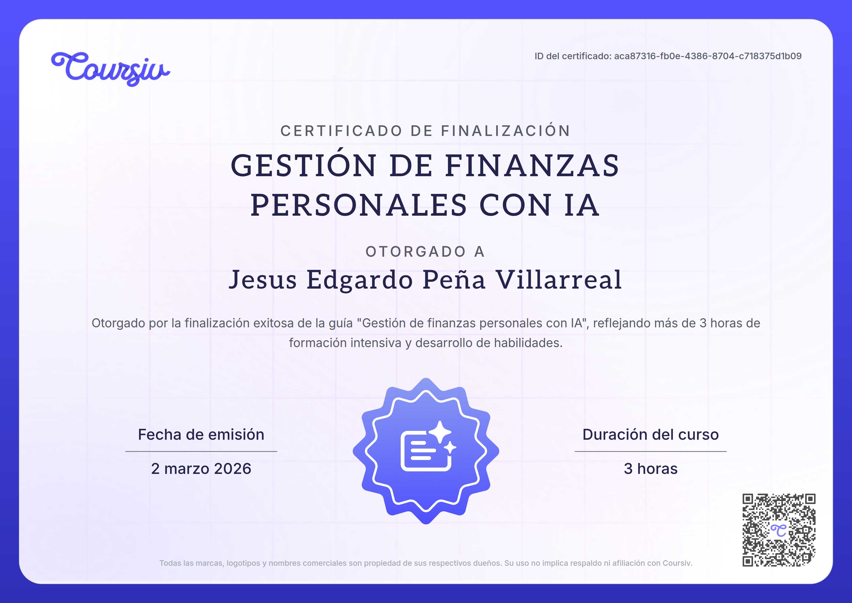 Certificate for Gestión de finanzas personales con IA