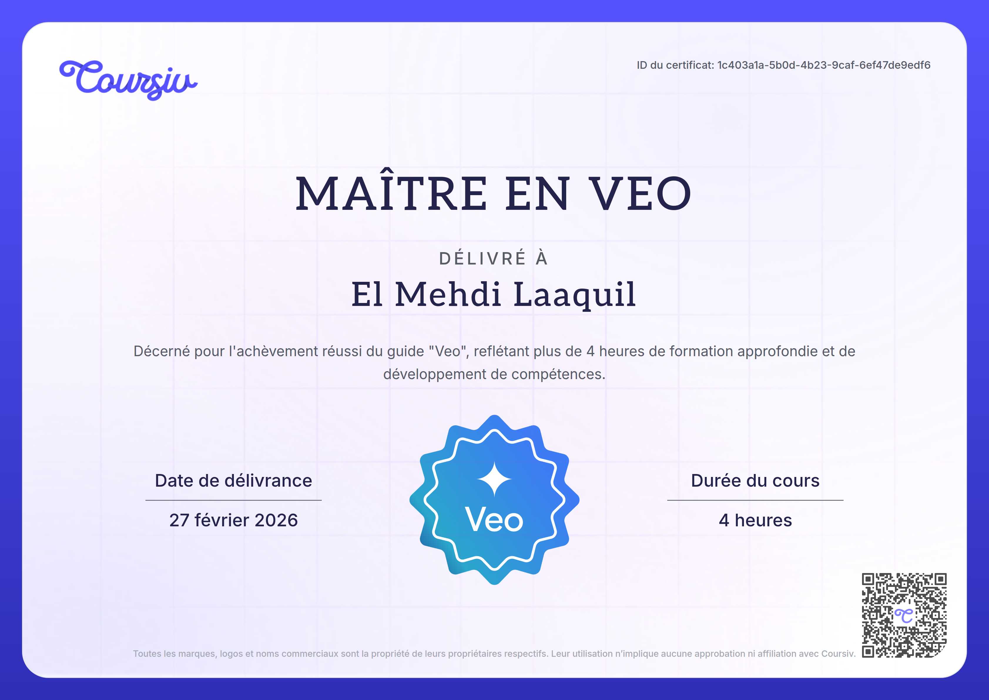 Certificate for Veo