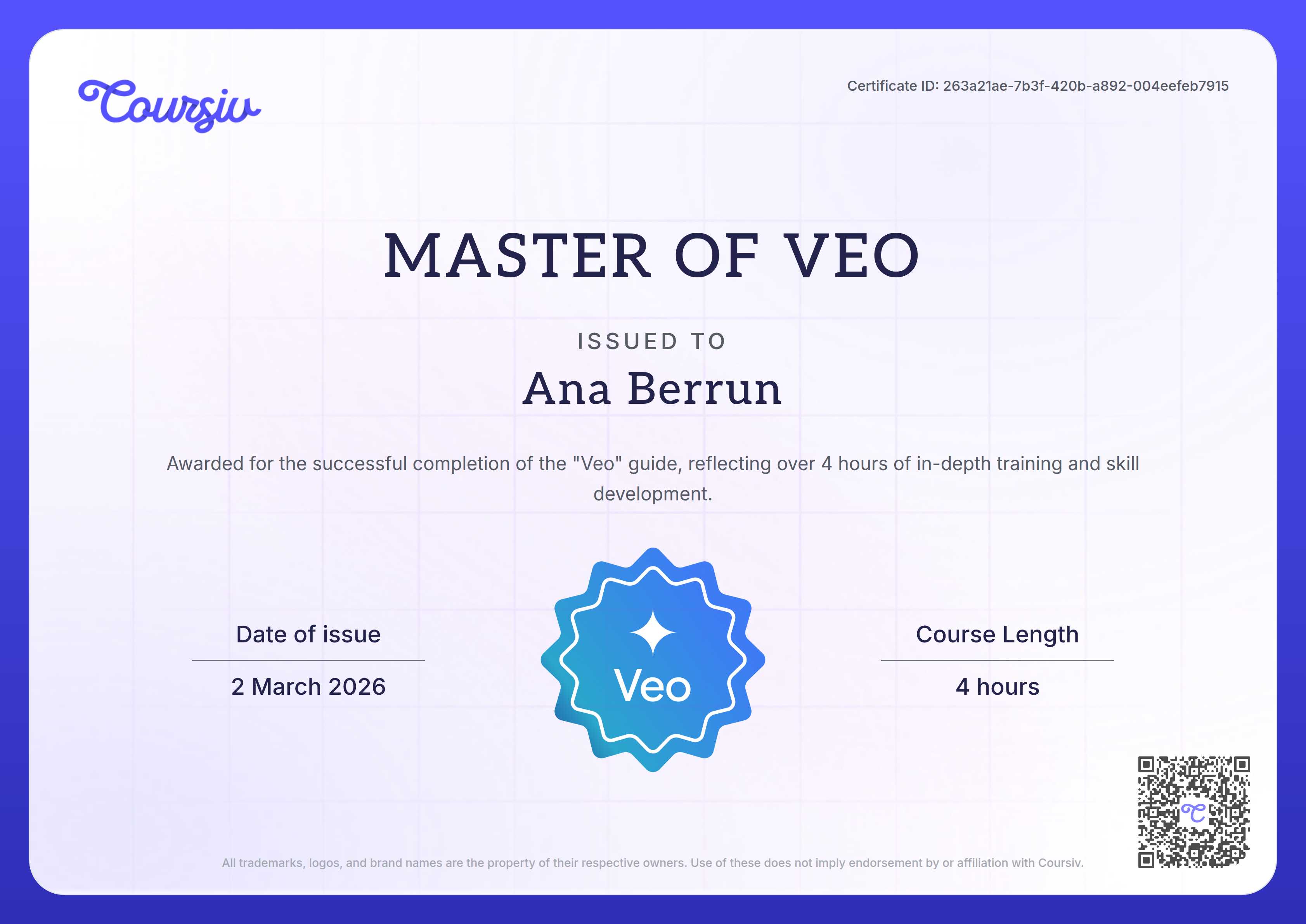 Certificate for Veo