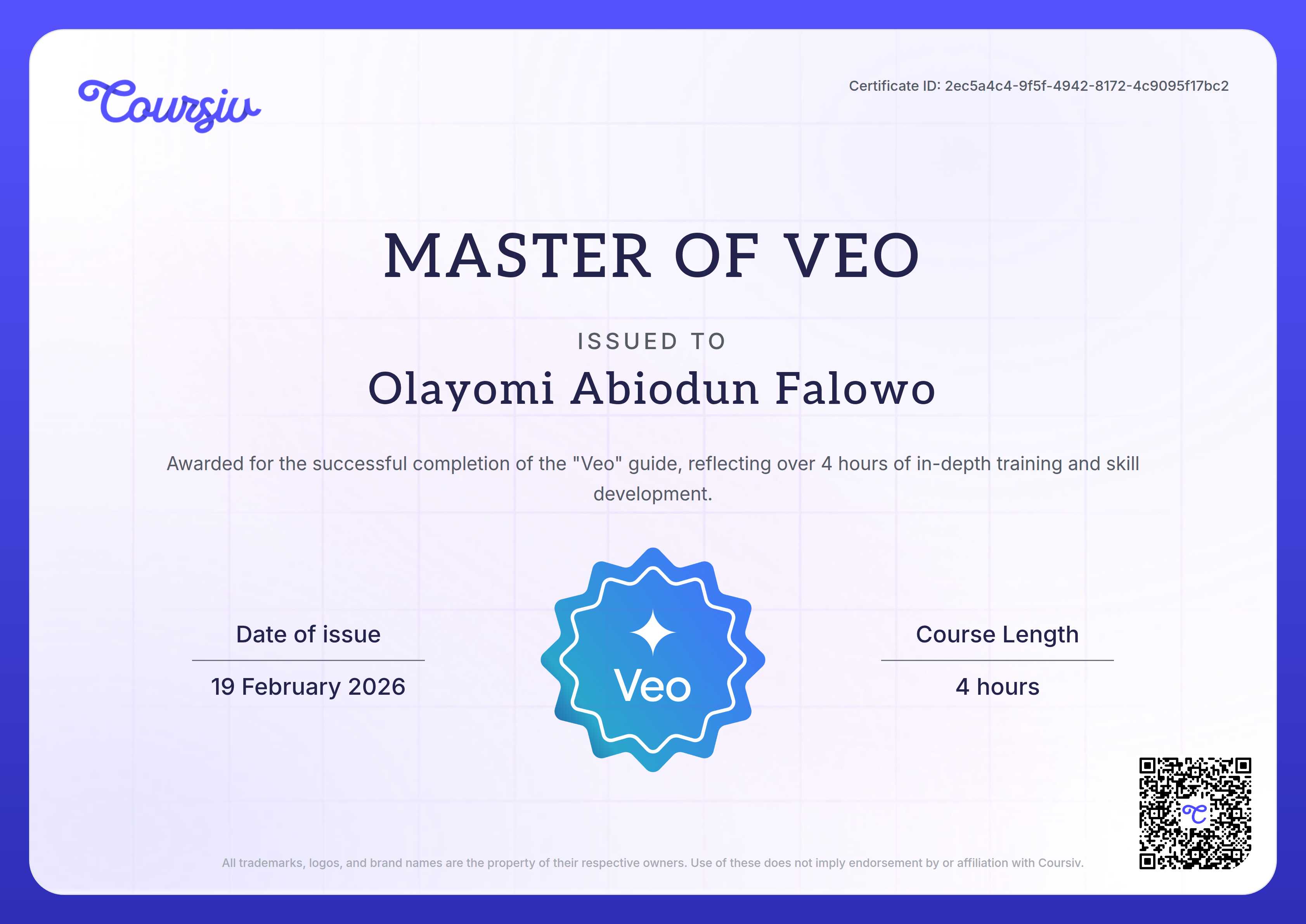 Certificate for Veo
