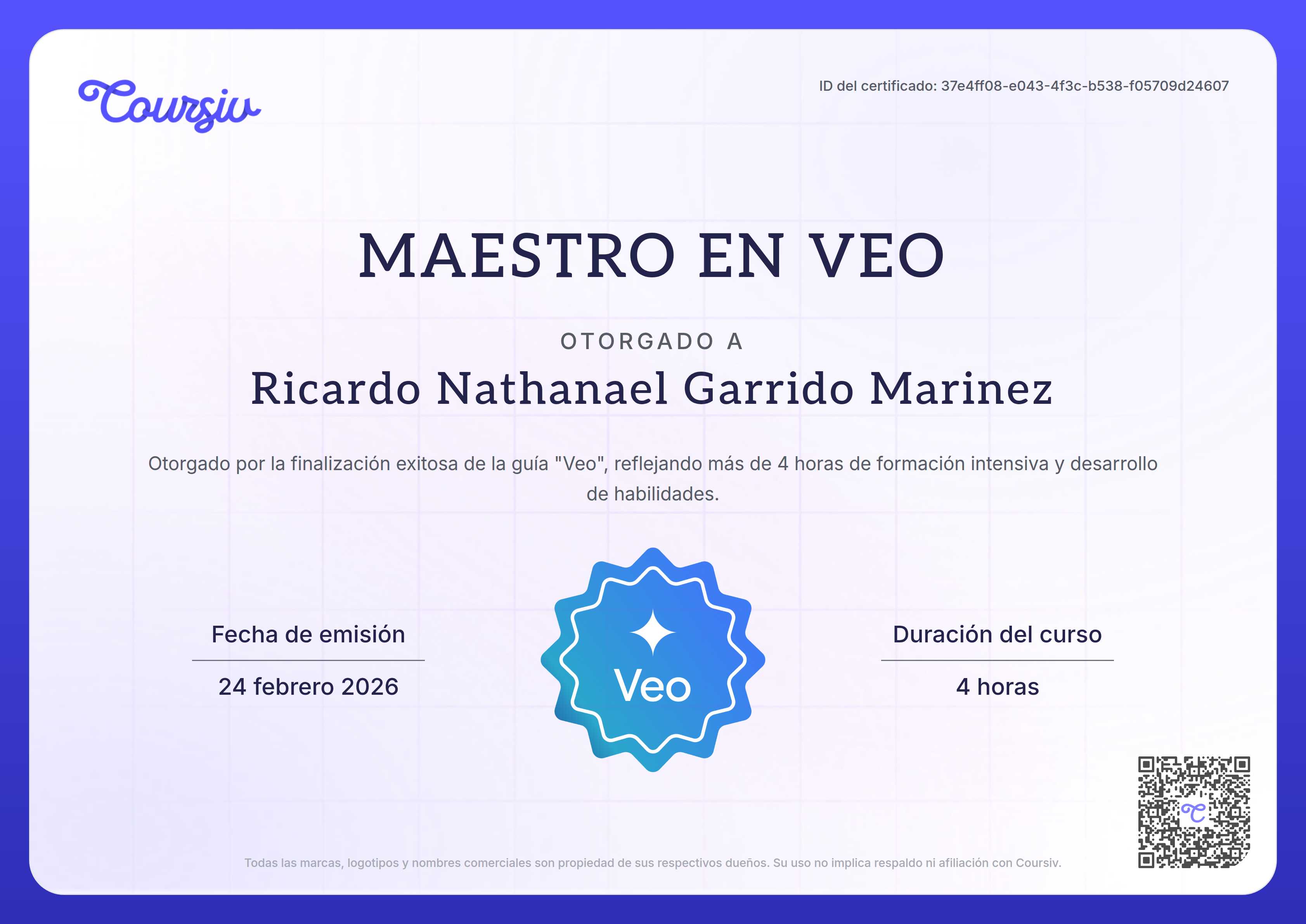 Certificate for Veo