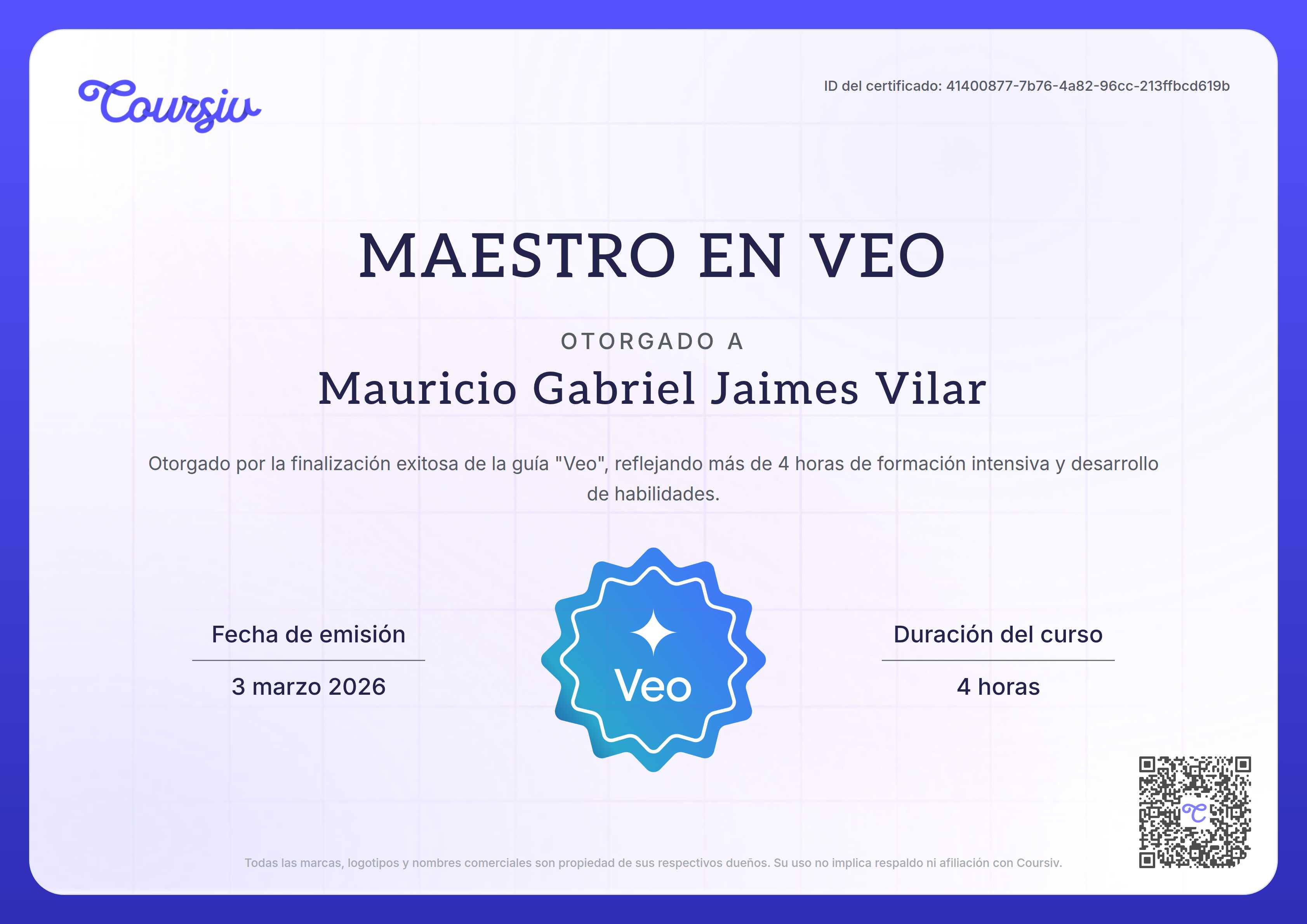Certificate for Veo