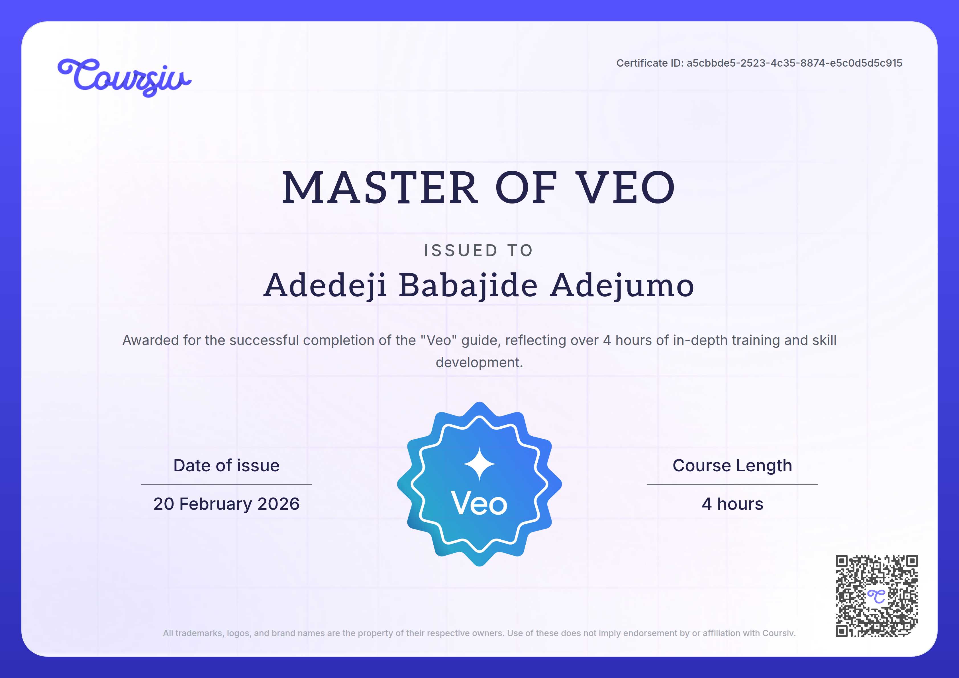 Certificate for Veo