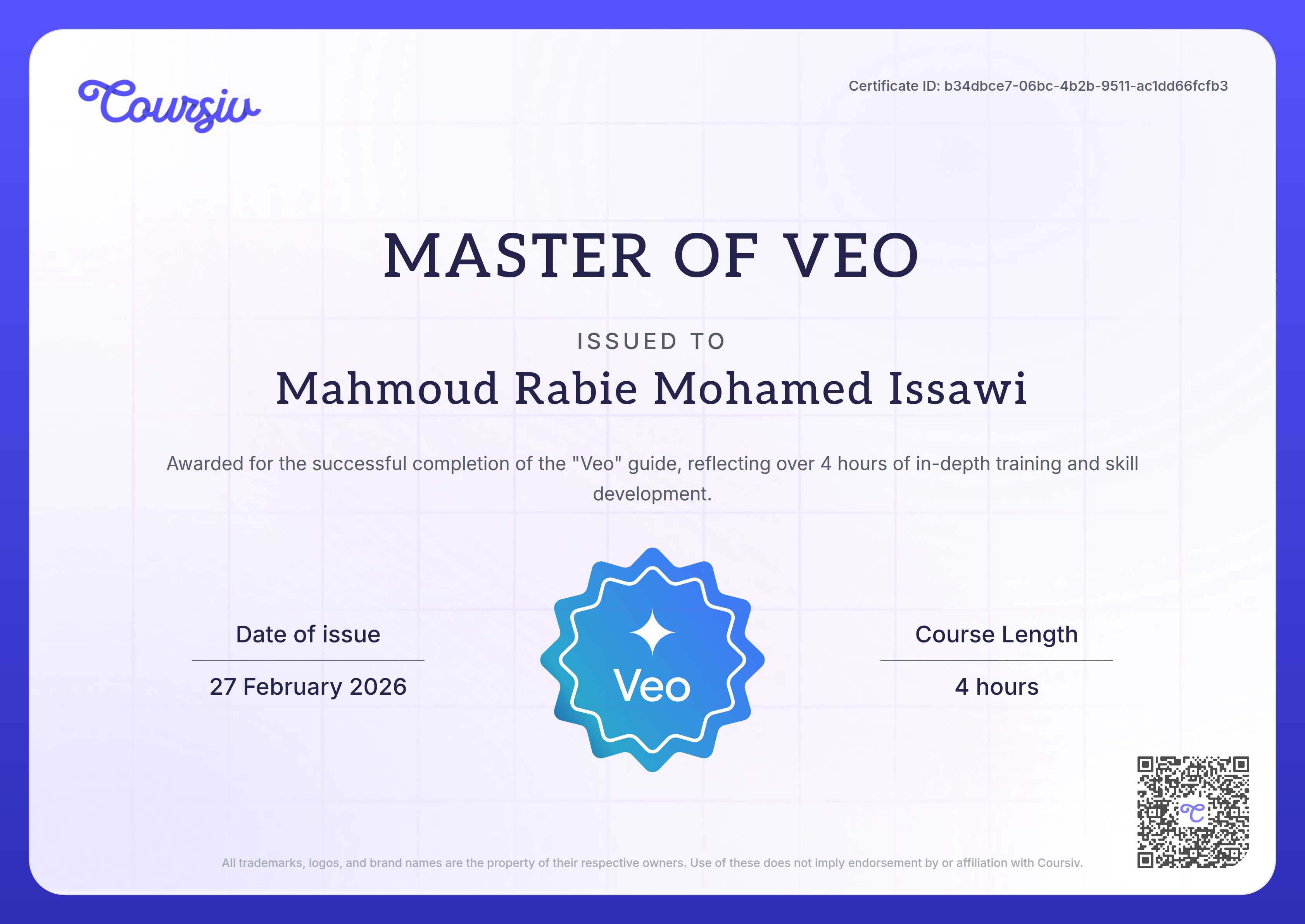 Certificate for Veo