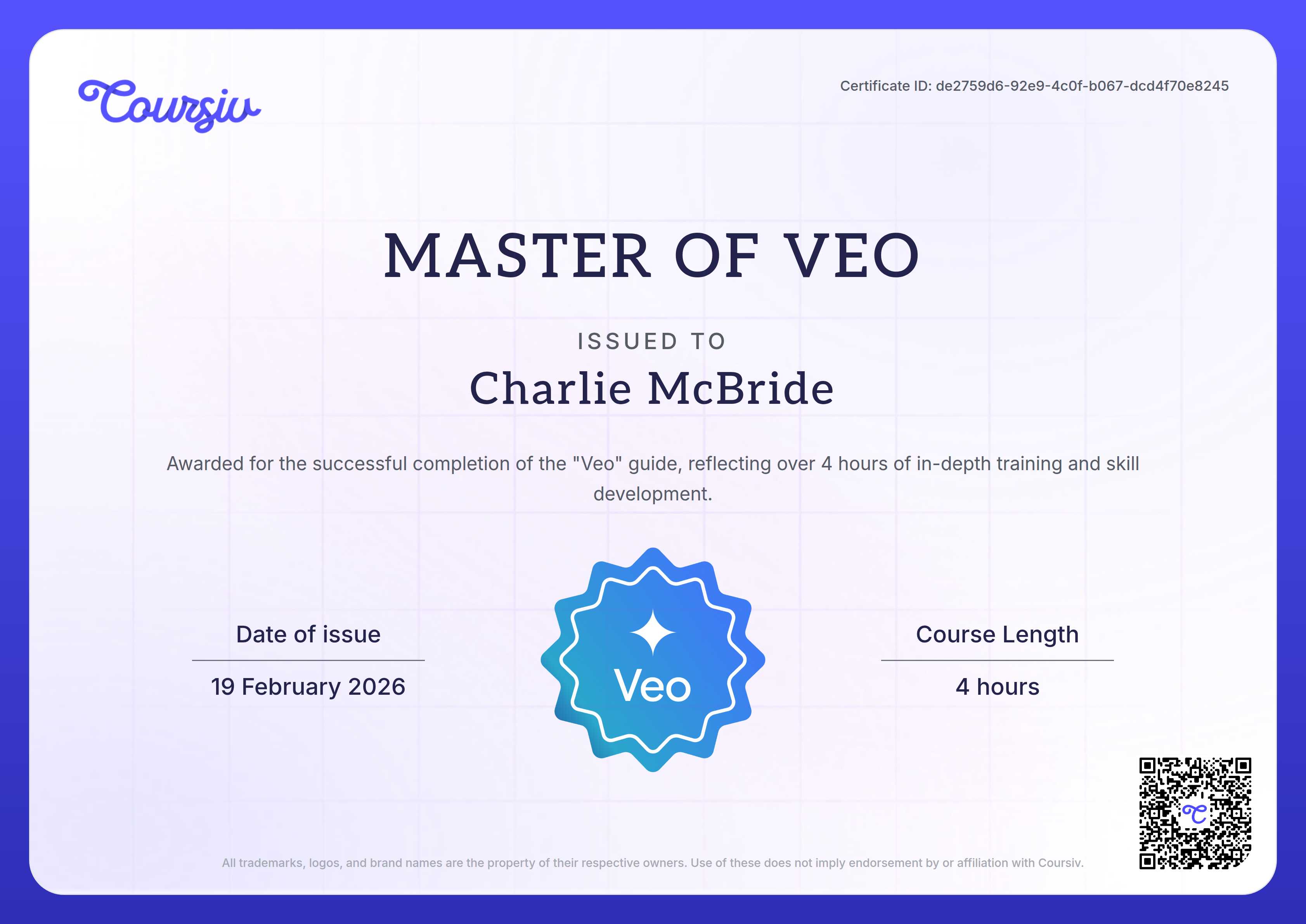 Certificate for Veo