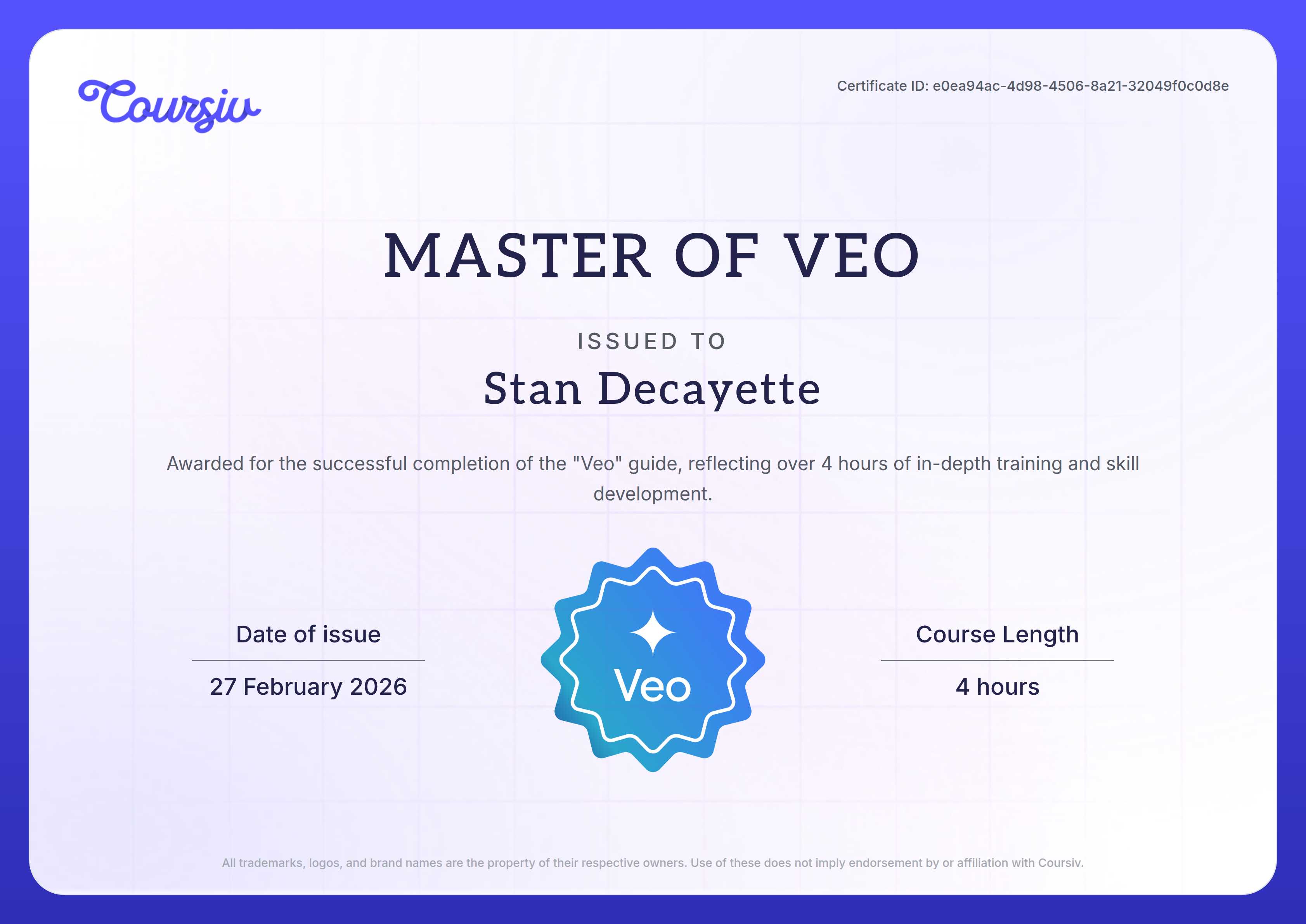 Certificate for Veo