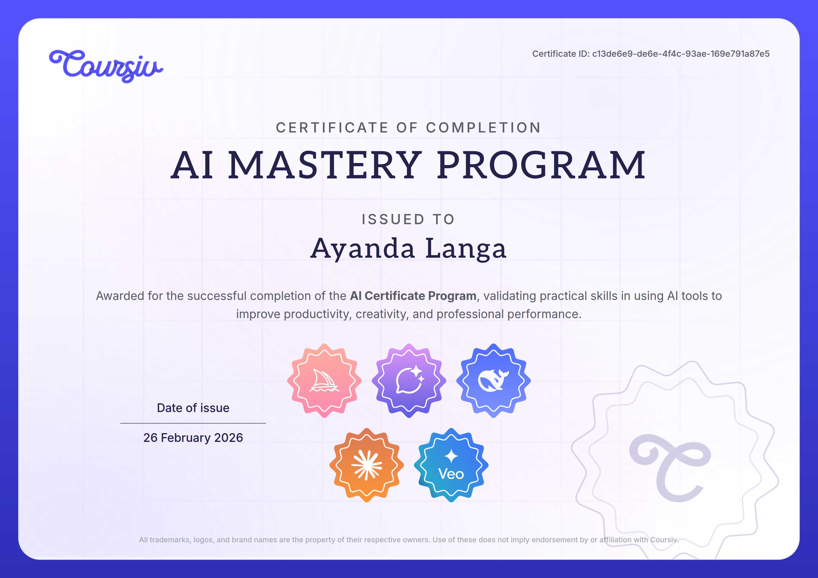 Certificate for AI Mastery Certificate Program
