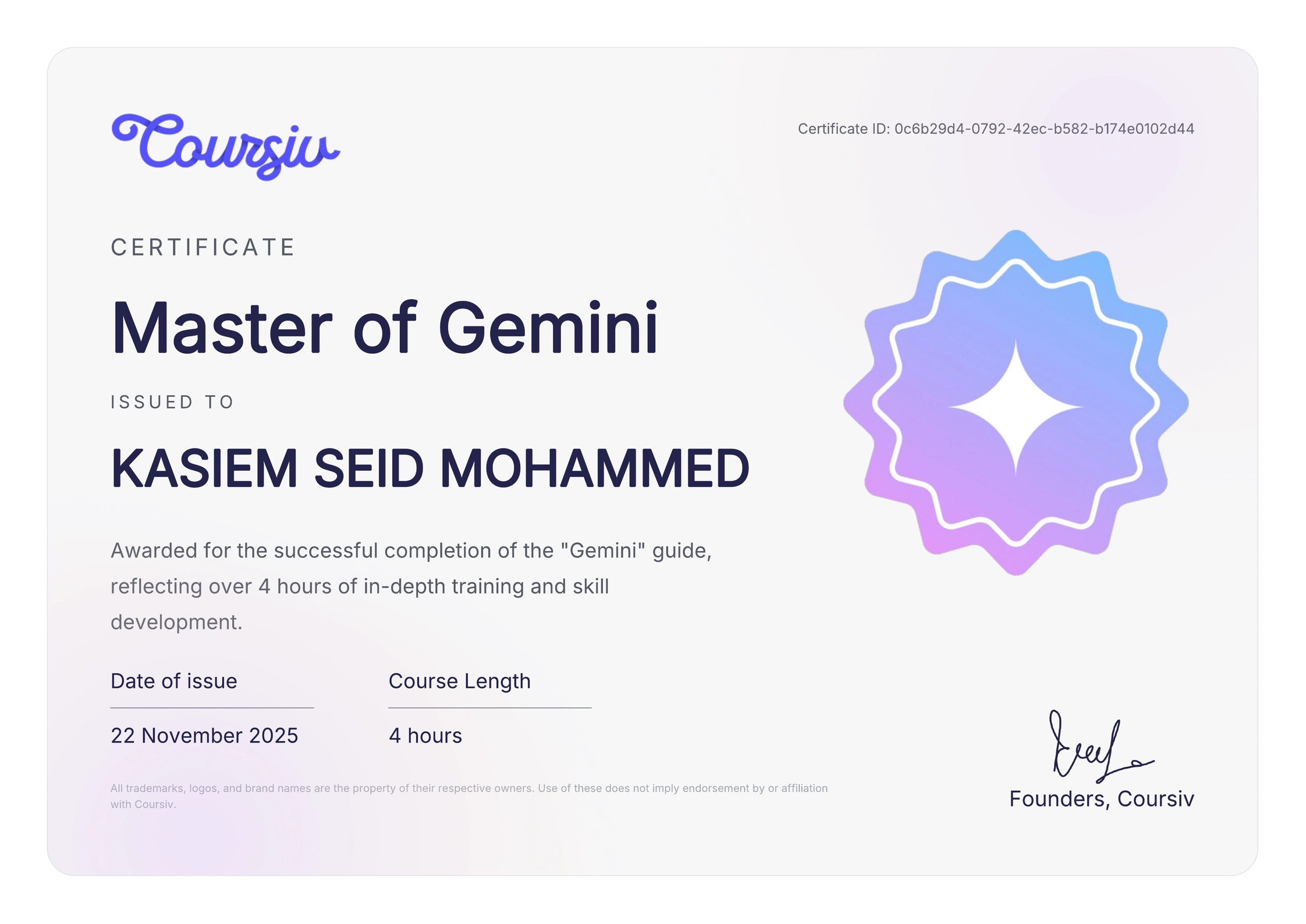 Certificate for Gemini